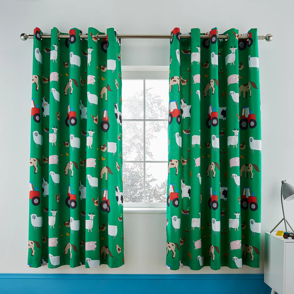 Catherine Lansfield Farmyard Animals Eyelet Curtains in Green 66 x 72 Inch