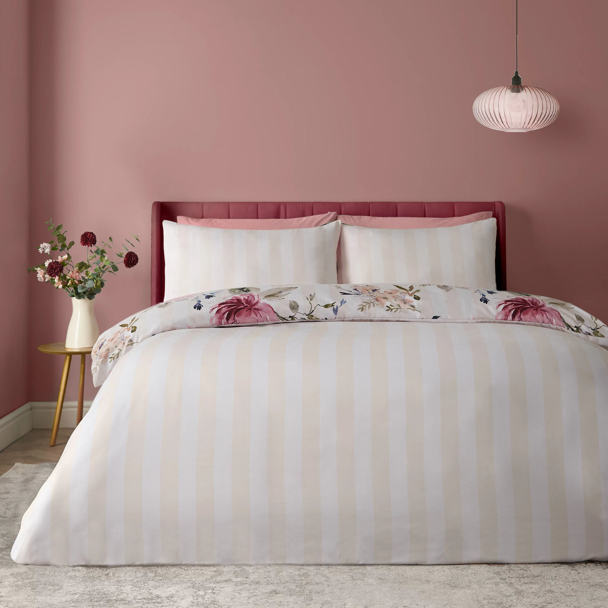 Catherine Lansfield Cream Floral Stripe Duvet Cover Set