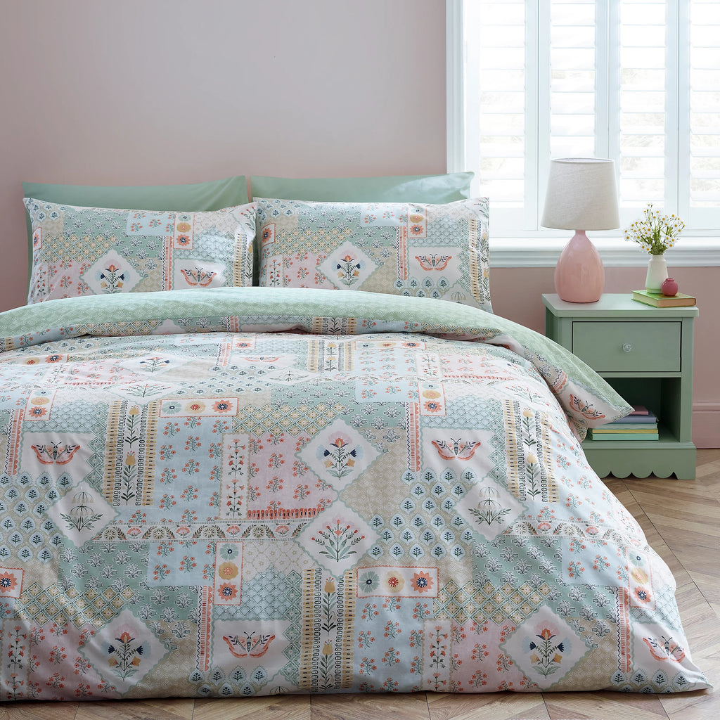 Catherine Lansfield Folk Patchwork Reversible Duvet Cover Set Green