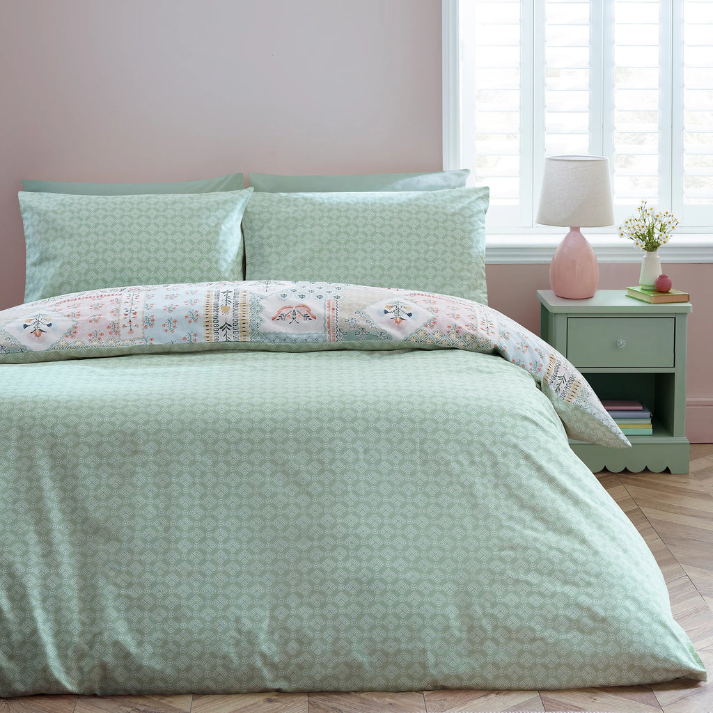 Catherine Lansfield Folk Patchwork Reversible Duvet Cover Set Green