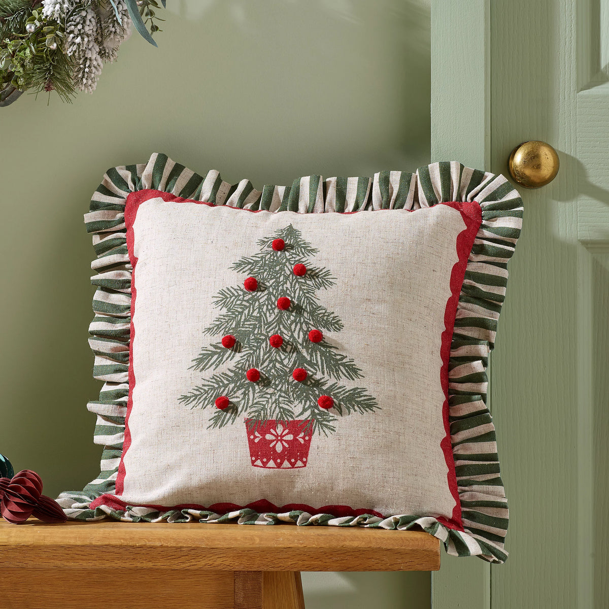 Catherine Lansfield Frilled Christmas Tree Green Cushion 45x45cm