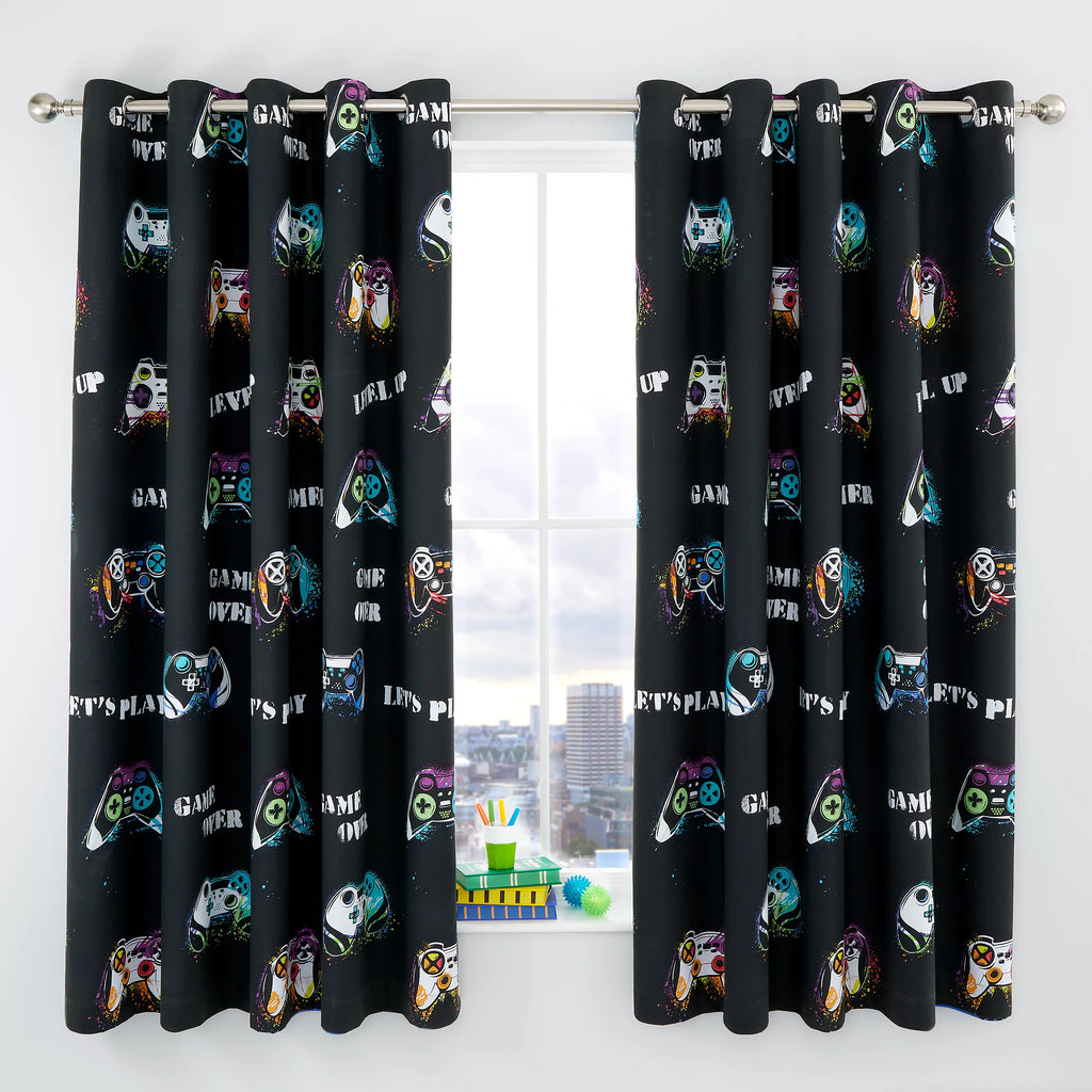Catherine Lansfield Game Over Reversible Gaming Eyelet Curtains in Black