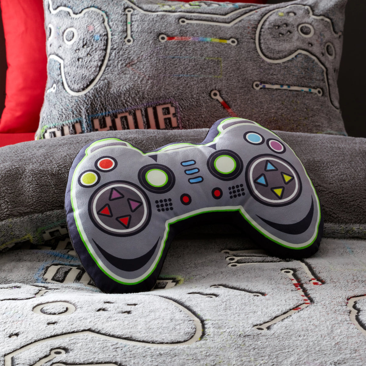 Catherine Lansfield Game Over Glow in the Dark Fleece 3D Shaped Cushion in Black