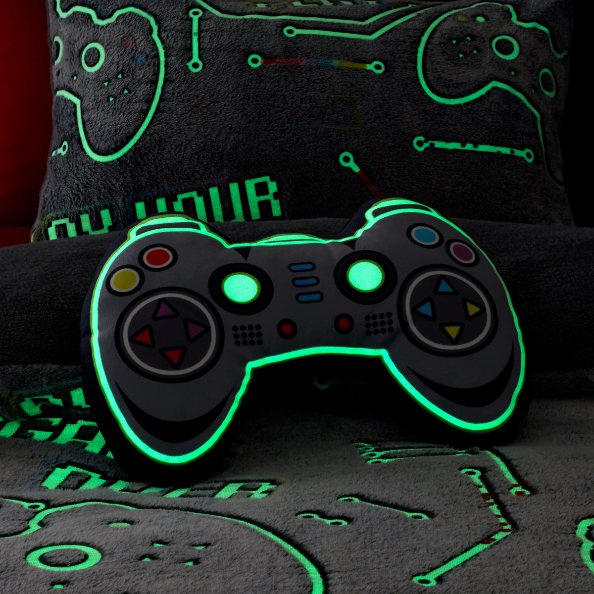 Catherine Lansfield Game Over Glow in the Dark Fleece 3D Shaped Cushion in Black