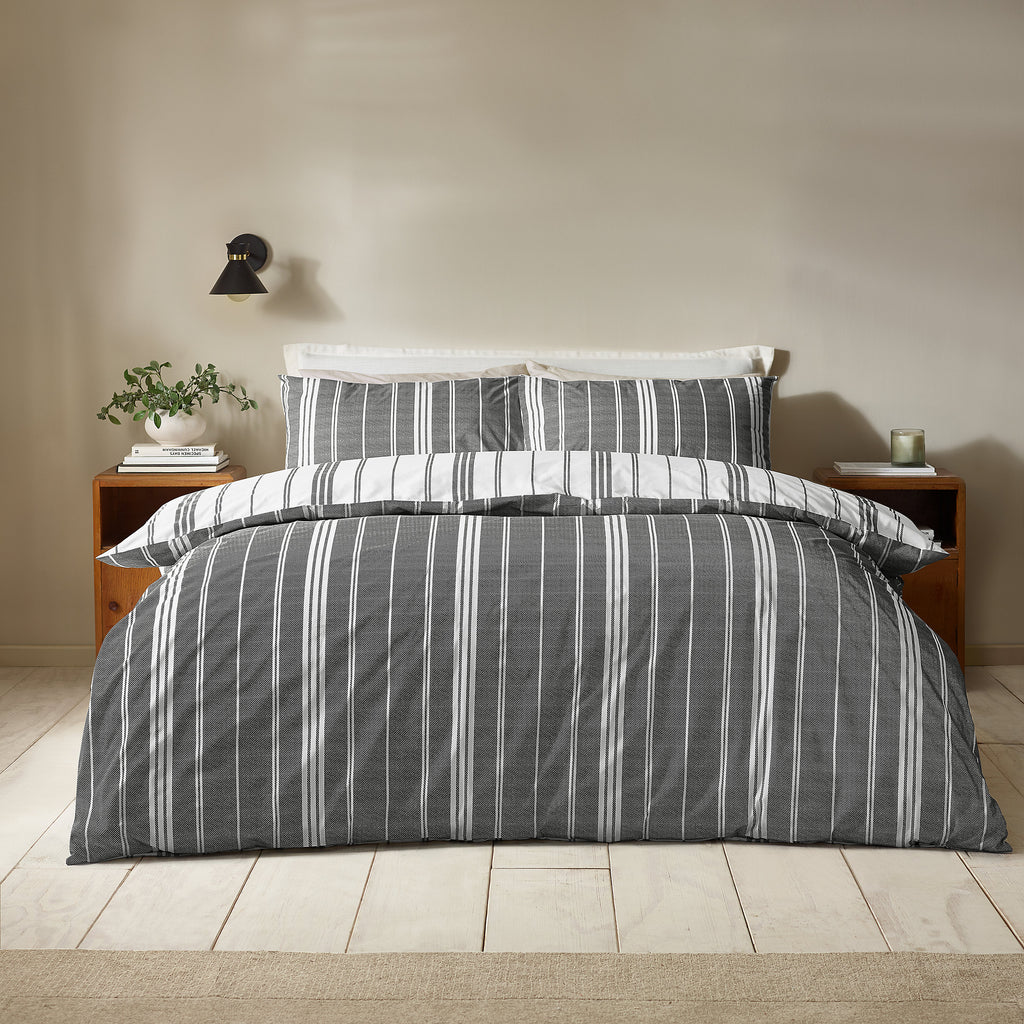 Catherine Lansfield Harbour Stripe Black Duvet Cover Set