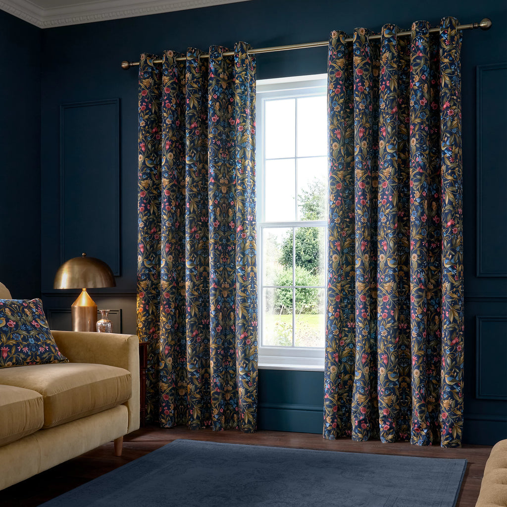 Catherine Lansfield Hedgerow Hopper Lined Eyelet Curtains in Navy