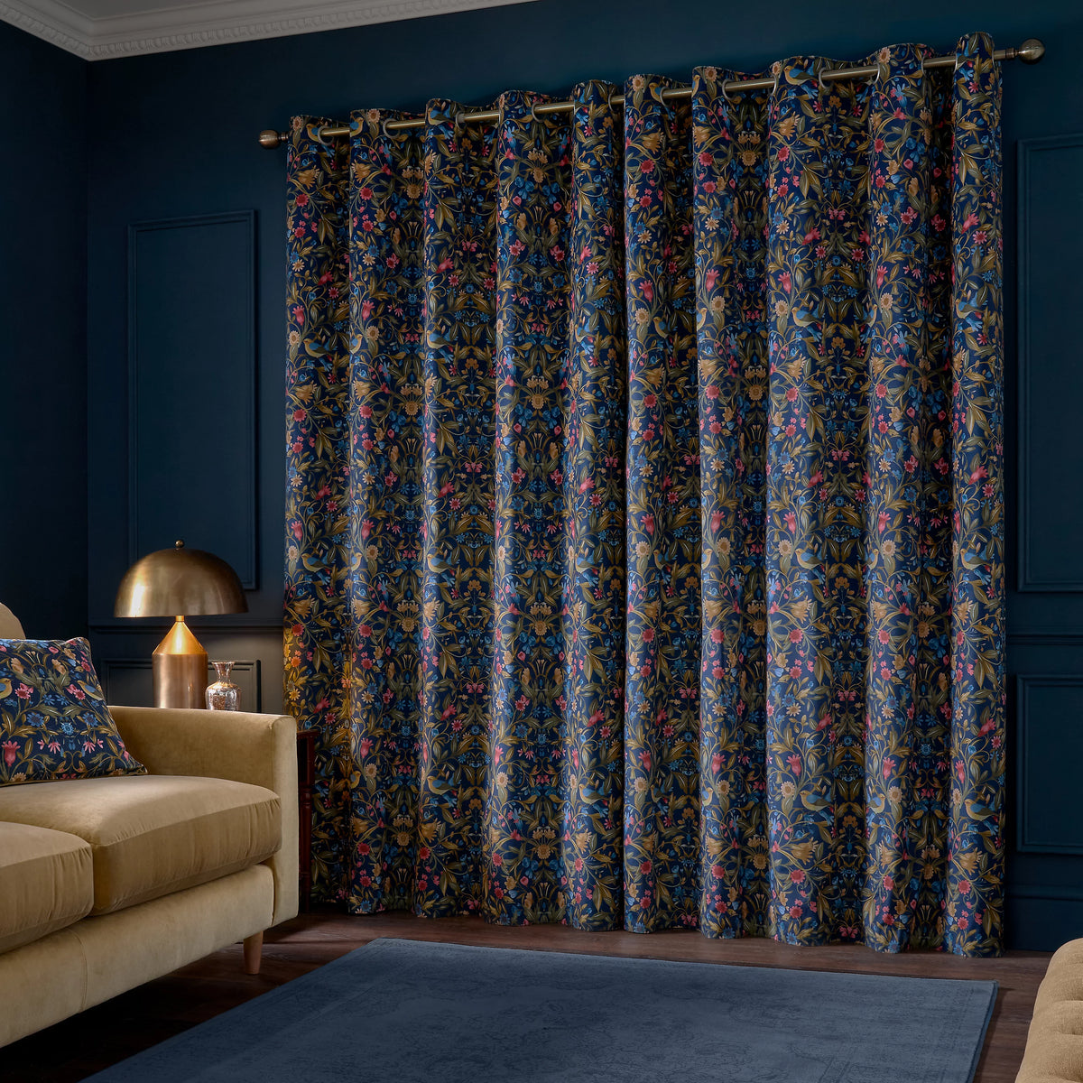 Catherine Lansfield Hedgerow Hopper Lined Eyelet Curtains in Navy