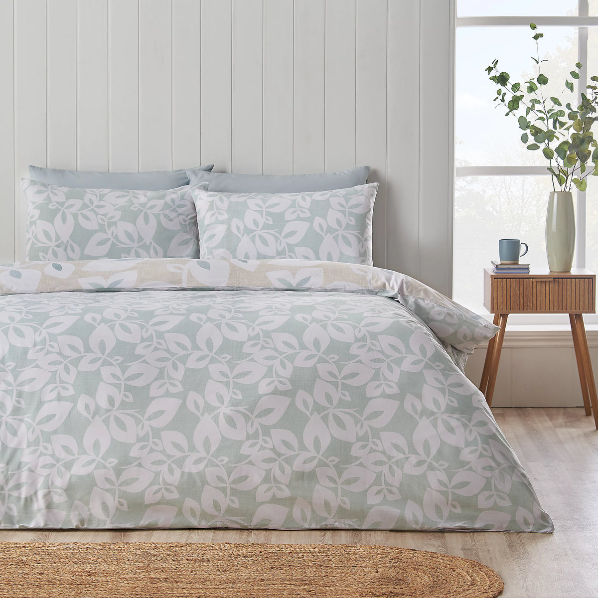 Catherine Lansfield Inga Leaf Reversible Duvet Cover Set Natural