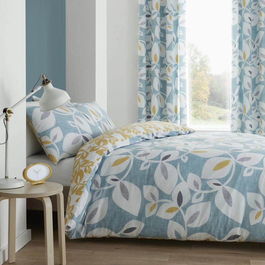 Catherine Lansfield Inga Leaf Reversible Duvet Cover Set Teal Green
