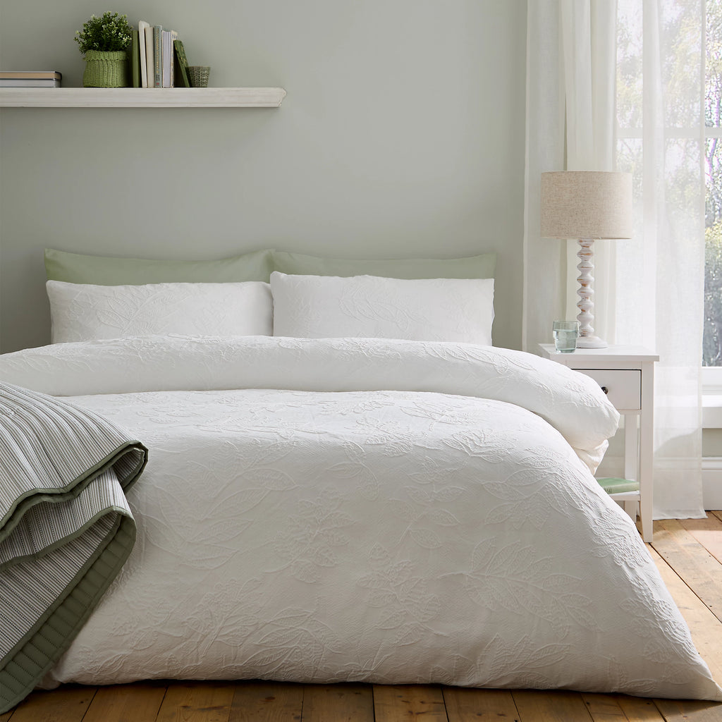 Catherine Lansfield White Jacquard Leaves Duvet Cover Set