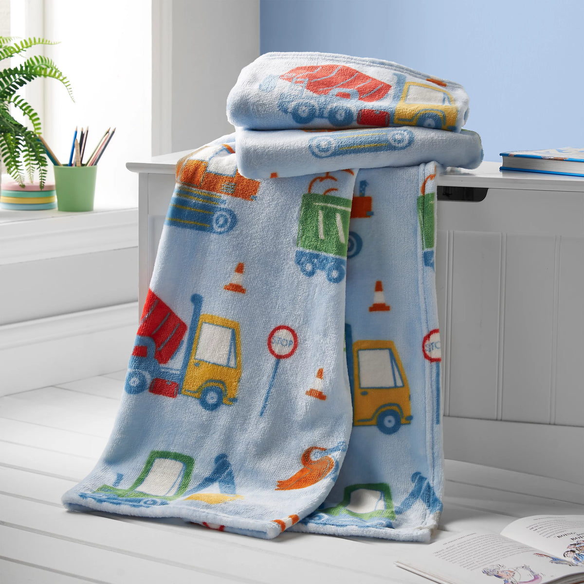 Catherine Lansfield Kids Digger Dreams Cosy Fleece Blanket Throw in Blue 130 x 170cm