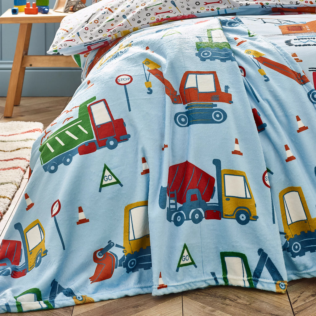 Catherine Lansfield Kids Digger Dreams Cosy Fleece Blanket Throw in Blue 130 x 170cm