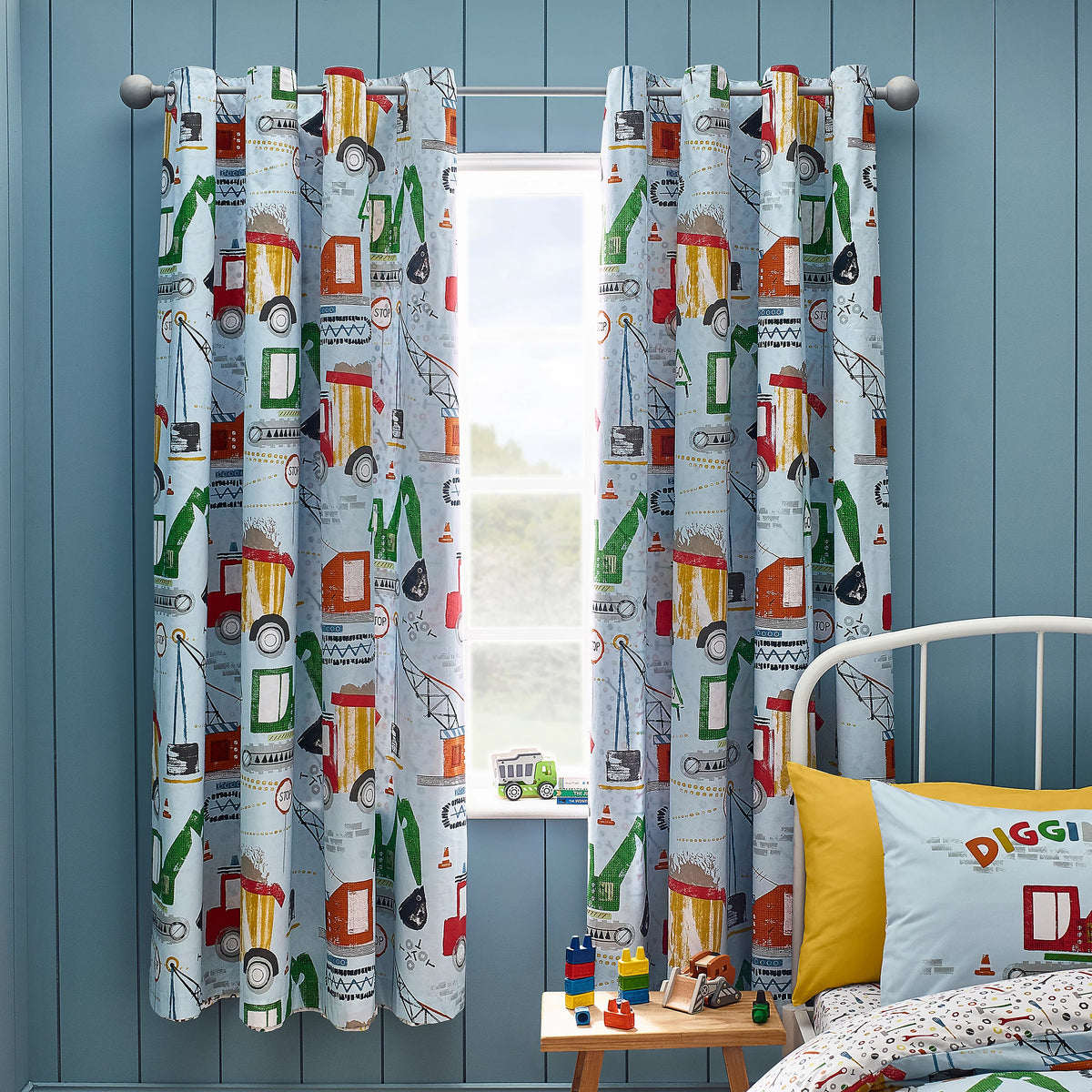 Catherine Lansfield Kids Digger Dreams Fully Reversible Eyelet Curtains in Blue 66 x 72 Inch