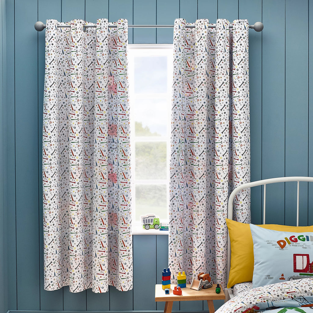 Catherine Lansfield Kids Digger Dreams Fully Reversible Eyelet Curtains in Blue 66 x 72 Inch