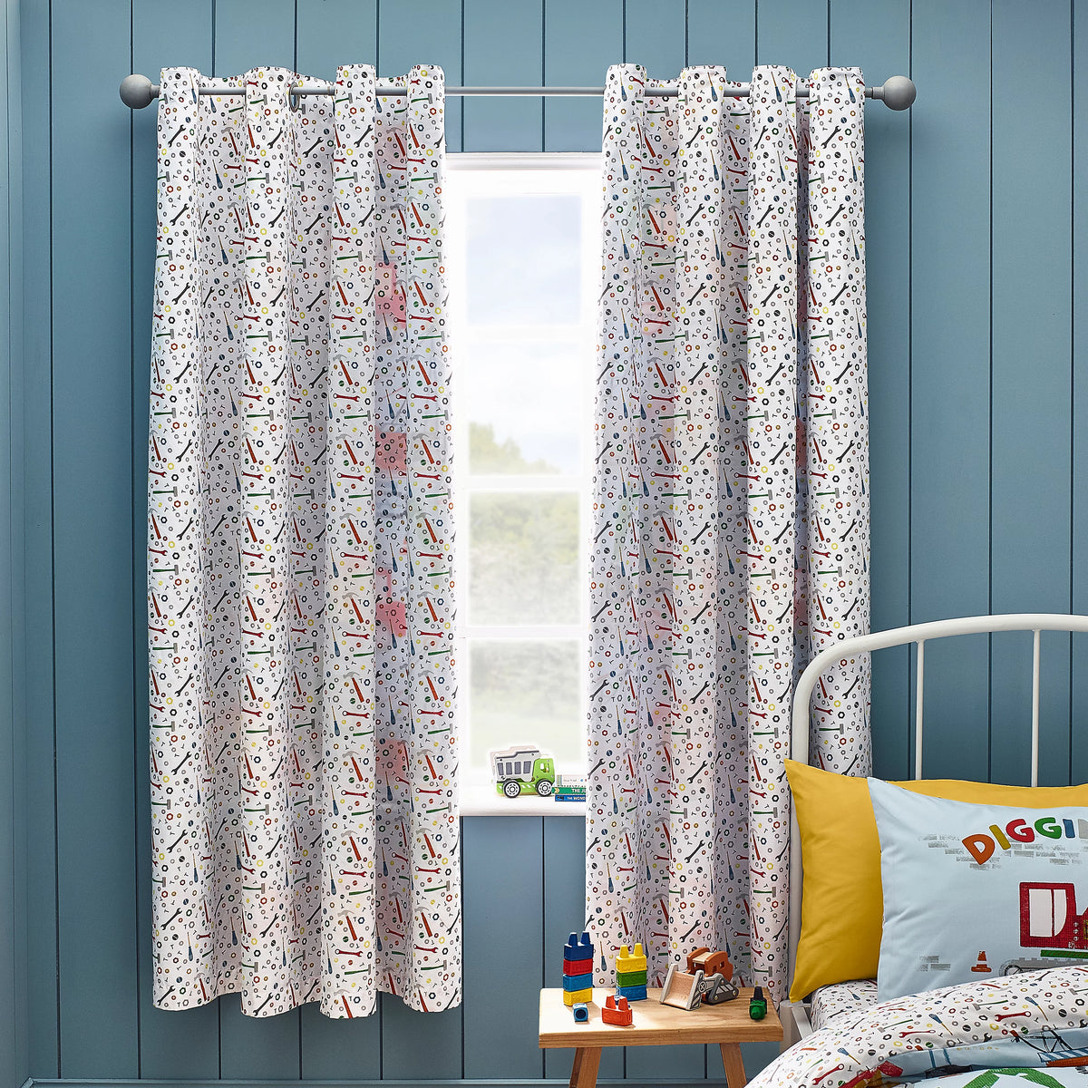 Catherine Lansfield Kids Digger Dreams Fully Reversible Eyelet Curtains in Blue 66 x 72 Inch