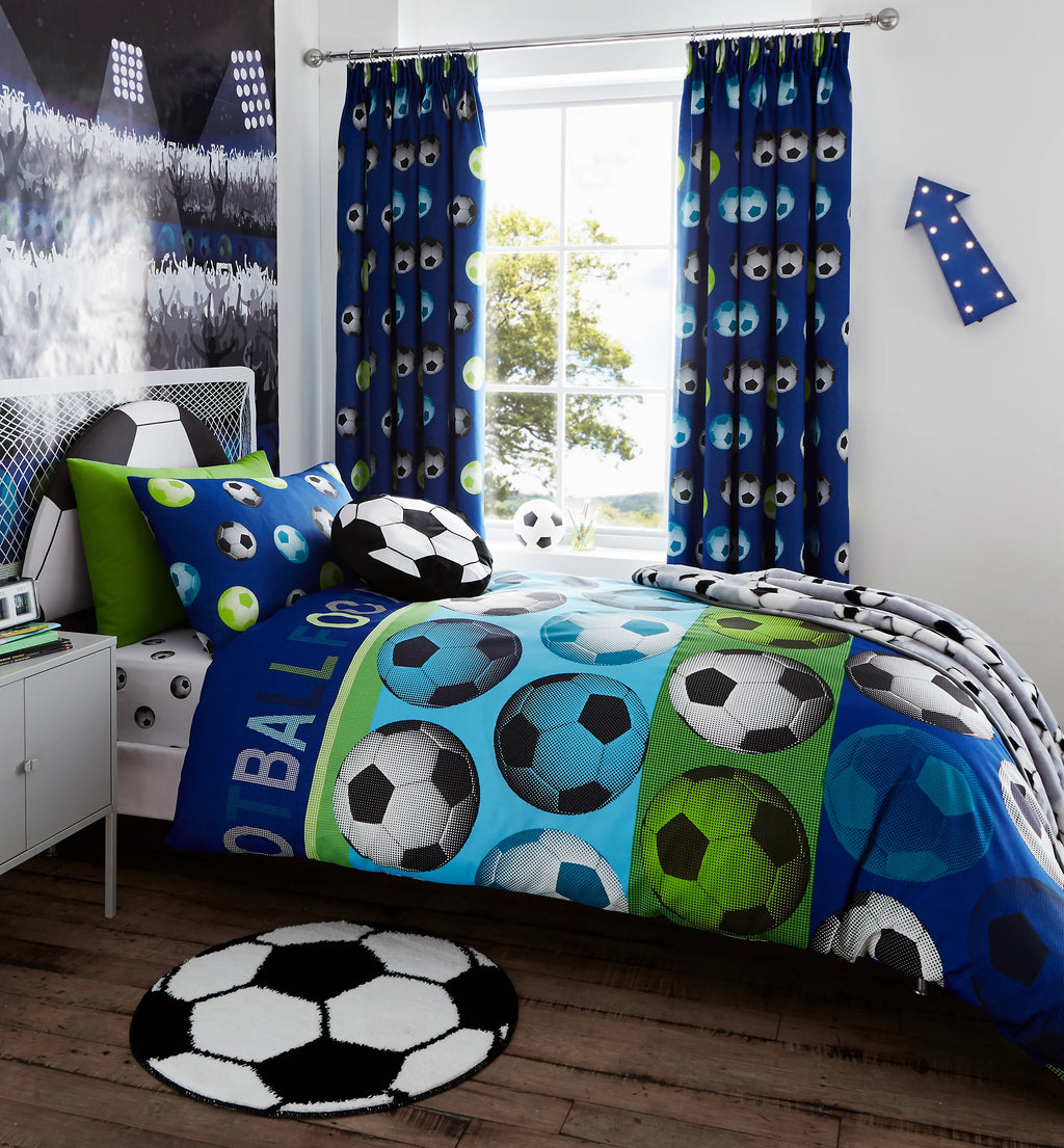 Catherine Lansfield Football Pencil Pleat Curtains in Blue 66 x 72 Inch