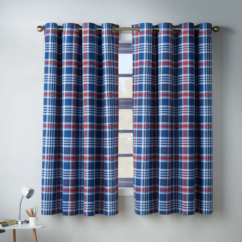 Catherine Lansfield Stars And Check Fully Reversible Eyelet Curtains in Blue