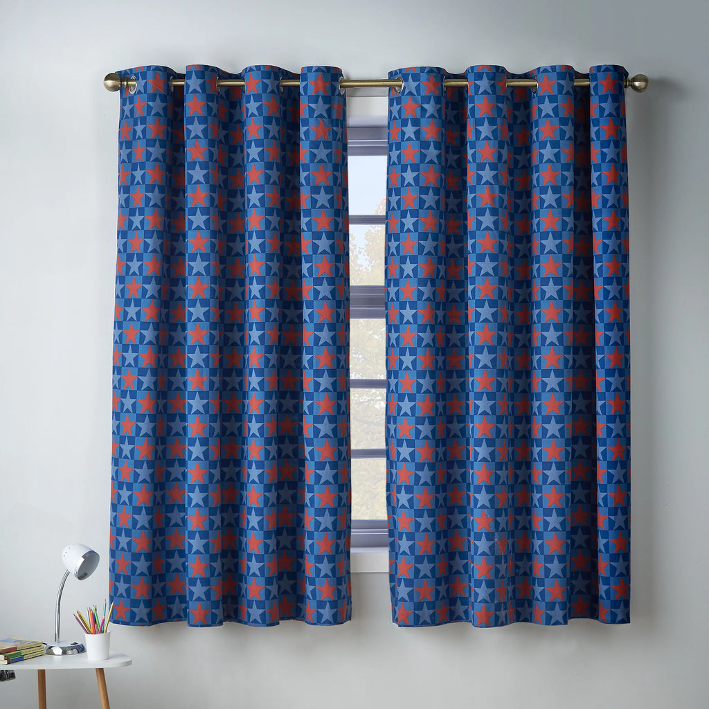 Catherine Lansfield Stars And Check Fully Reversible Eyelet Curtains in Blue