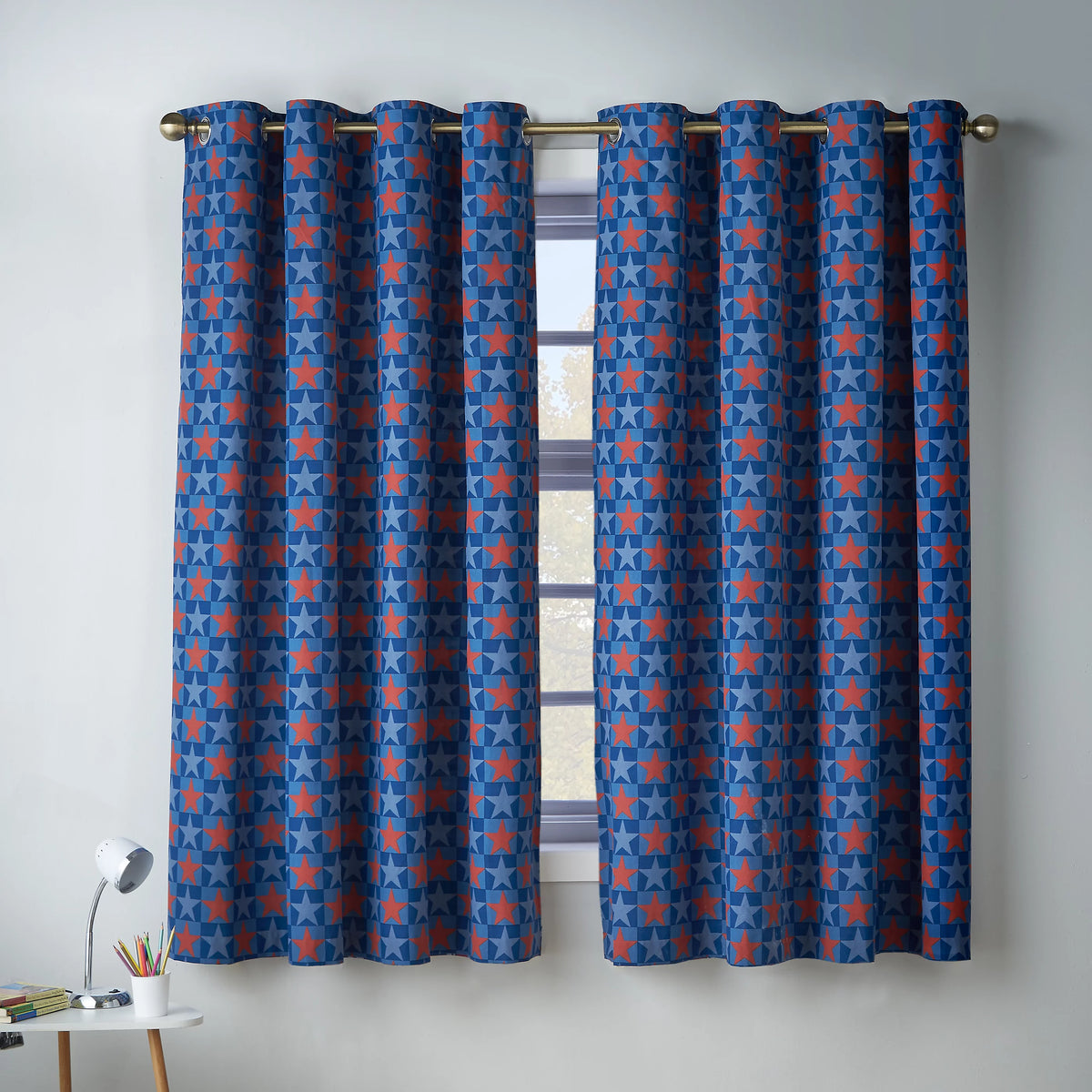 Catherine Lansfield Stars And Check Fully Reversible Eyelet Curtains in Blue