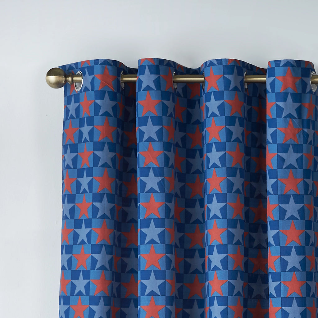 Catherine Lansfield Stars And Check Fully Reversible Eyelet Curtains in Blue