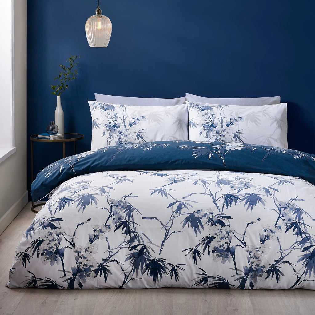 Catherine Lansfield Blue Kyoto Floral Reversible Duvet Cover Set