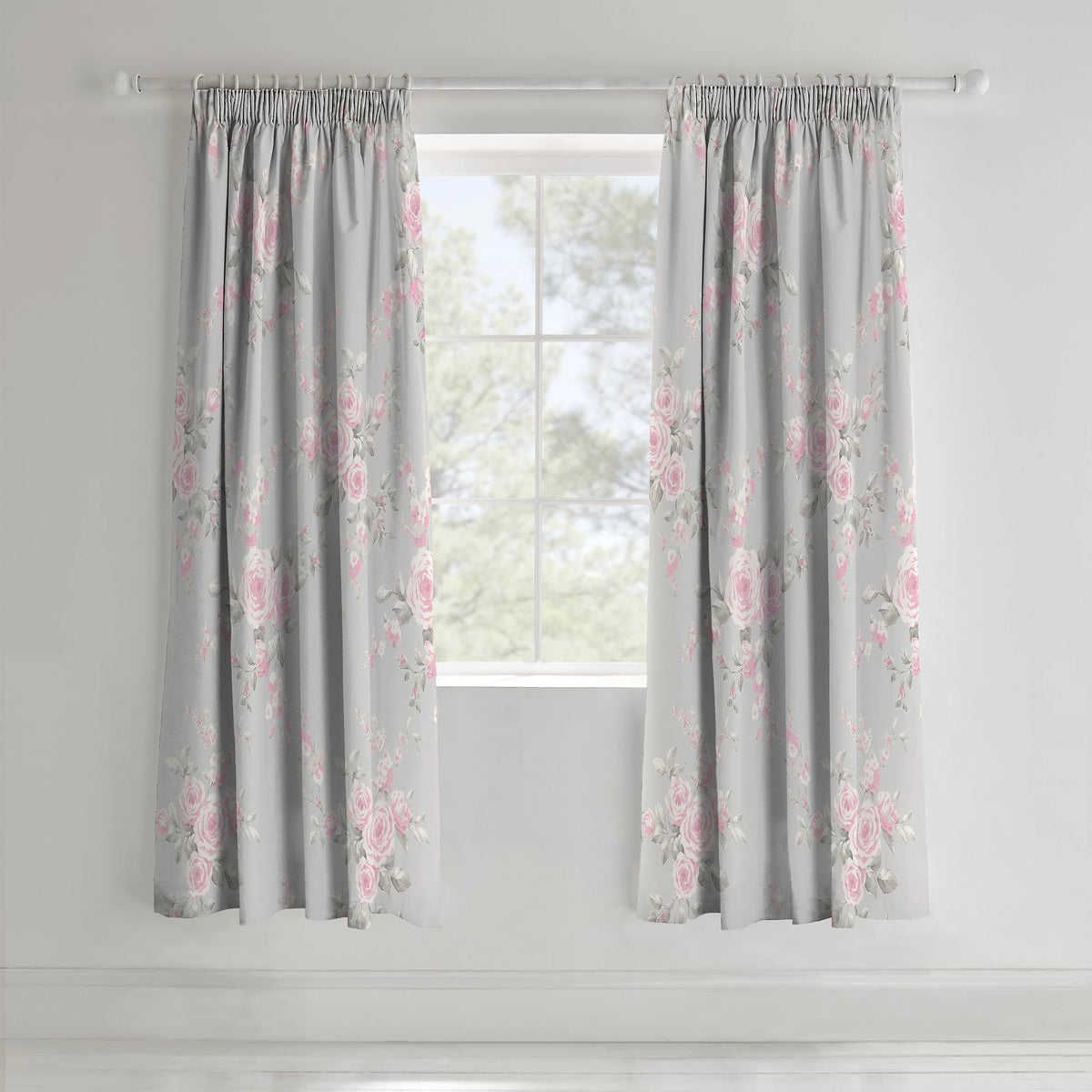 Catherine Lansfield Canterbury Floral Pencil Pleat Curtains in Grey 66 x 72 Inch