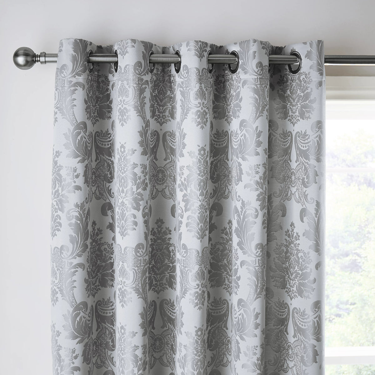 Catherine Lansfield Damask Jacquard Eyelet Curtains in Silver Grey