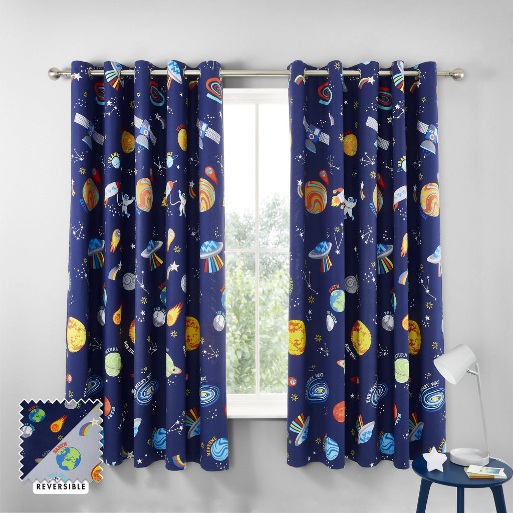 Catherine Lansfield Lost In Space Reversible Eyelet Curtains in Grey & Blue 66 x 72 Inch