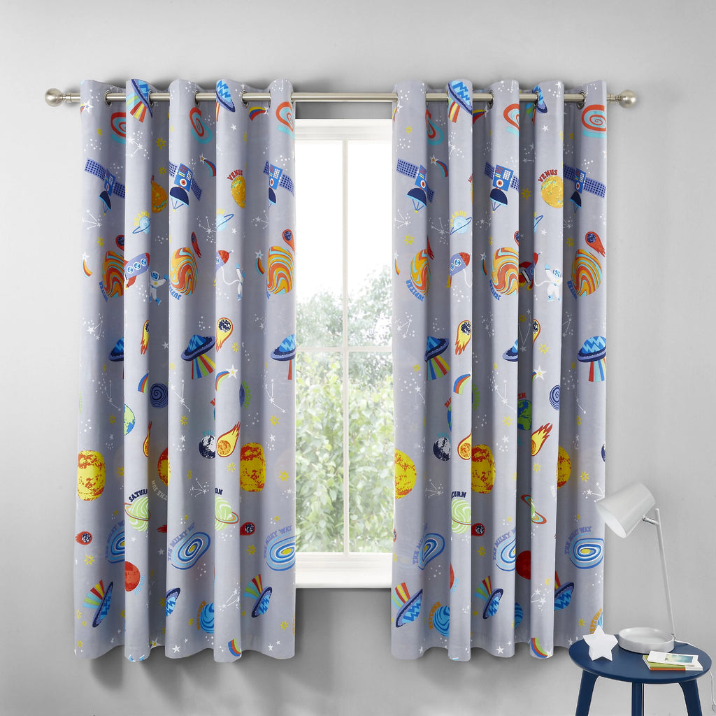 Catherine Lansfield Lost In Space Reversible Eyelet Curtains in Grey & Blue 66 x 72 Inch