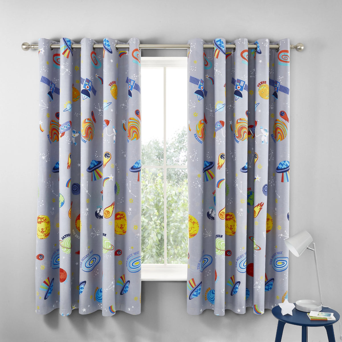 Catherine Lansfield Lost In Space Reversible Eyelet Curtains in Grey & Blue 66 x 72 Inch