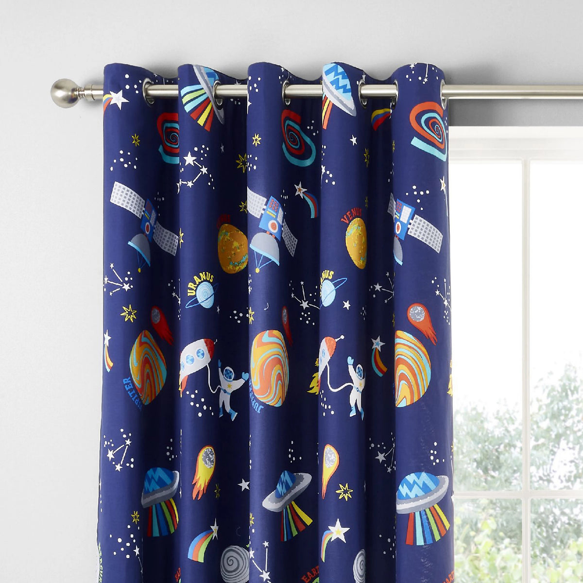 Catherine Lansfield Lost In Space Reversible Eyelet Curtains in Grey & Blue 66 x 72 Inch