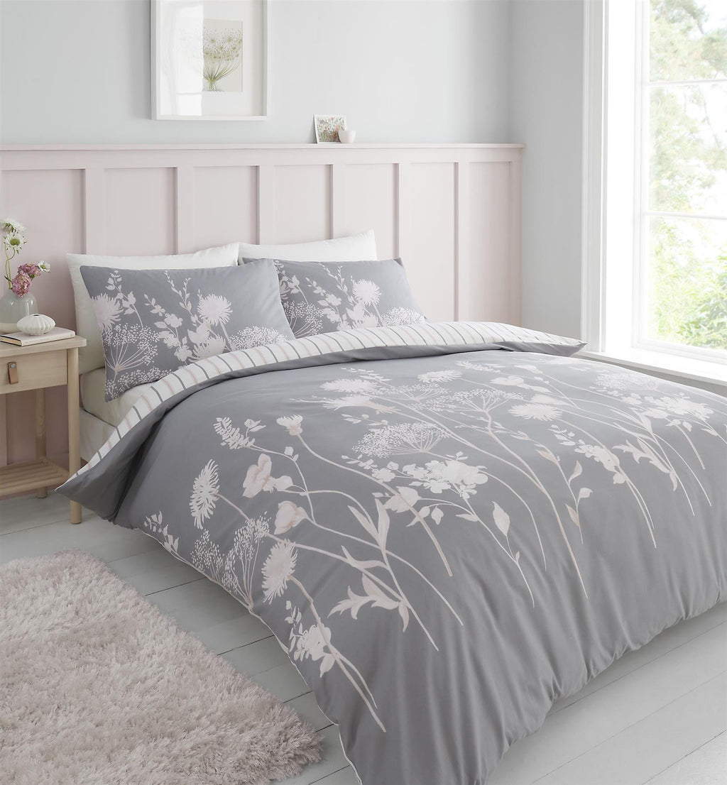 Catherine Lansfield Grey Meadowsweet Floral Reversible Duvet Cover Set