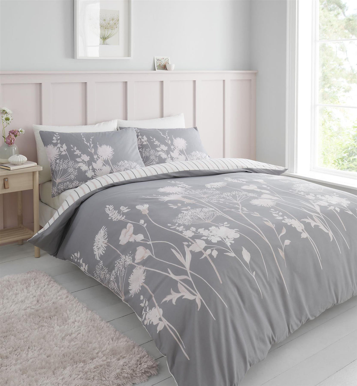 Catherine Lansfield Grey Meadowsweet Floral Reversible Duvet Cover Set
