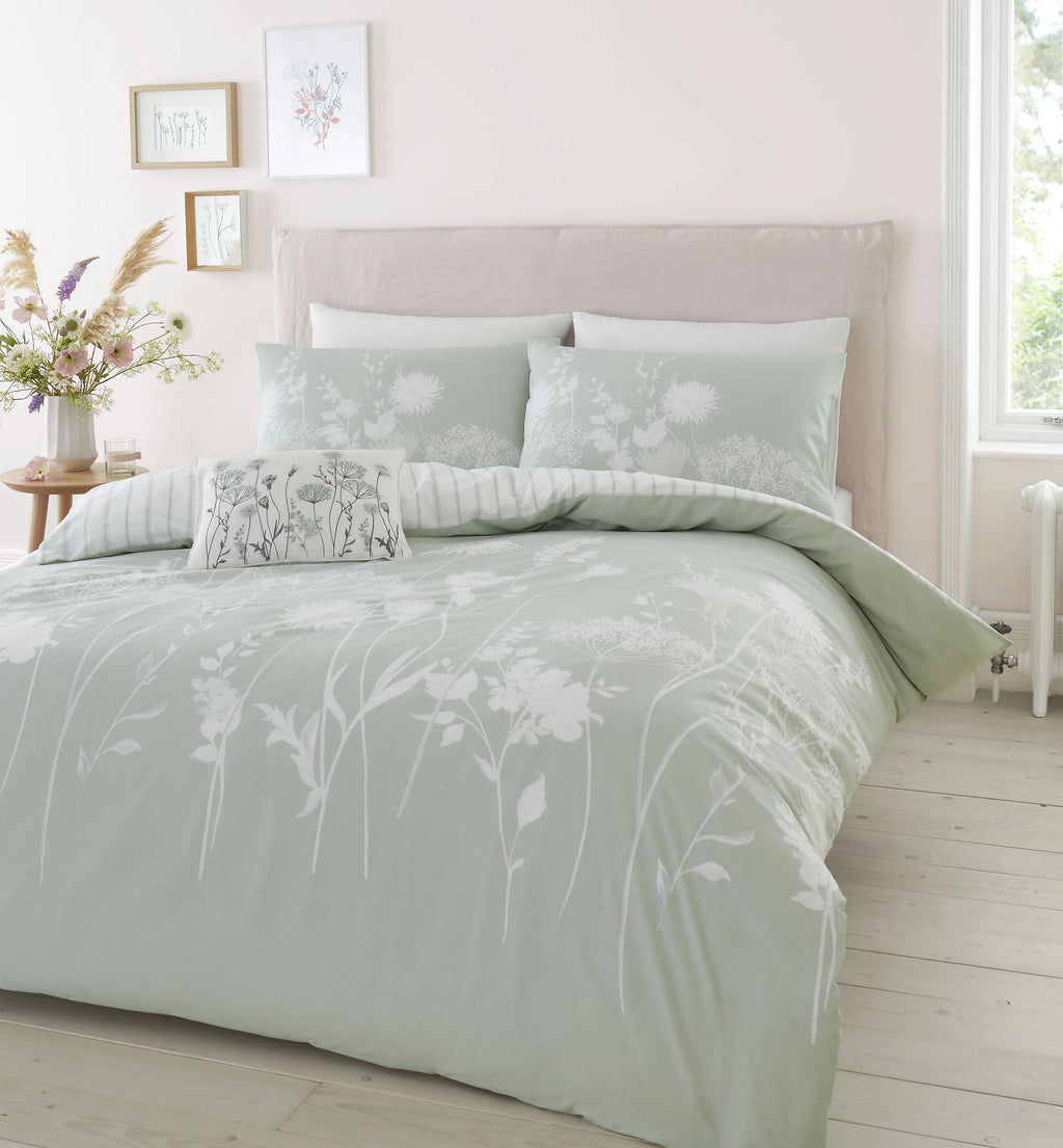 Catherine Lansfield Green Meadowsweet Floral Reversible Duvet Cover Set