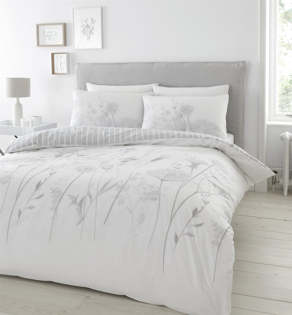 Catherine Lansfield Grey/White Meadowsweet Floral Reversible Duvet Cover Set