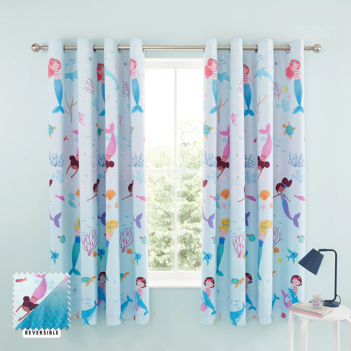 Catherine Lansfield Mermaid Fully Reversible Eyelet Curtains in Blue/Pink