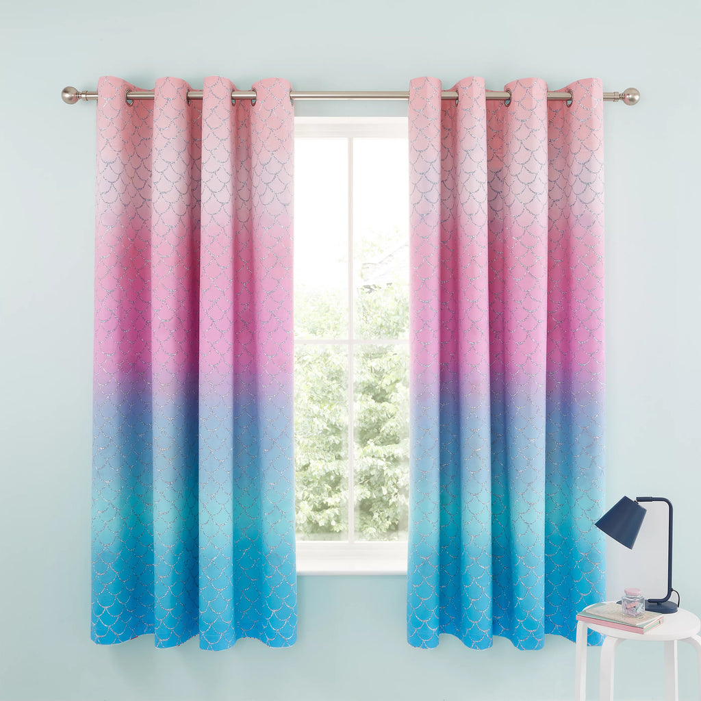 Catherine Lansfield Mermaid Fully Reversible Eyelet Curtains in Blue/Pink