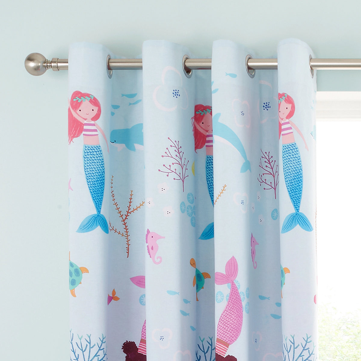 Catherine Lansfield Mermaid Fully Reversible Eyelet Curtains in Blue/Pink