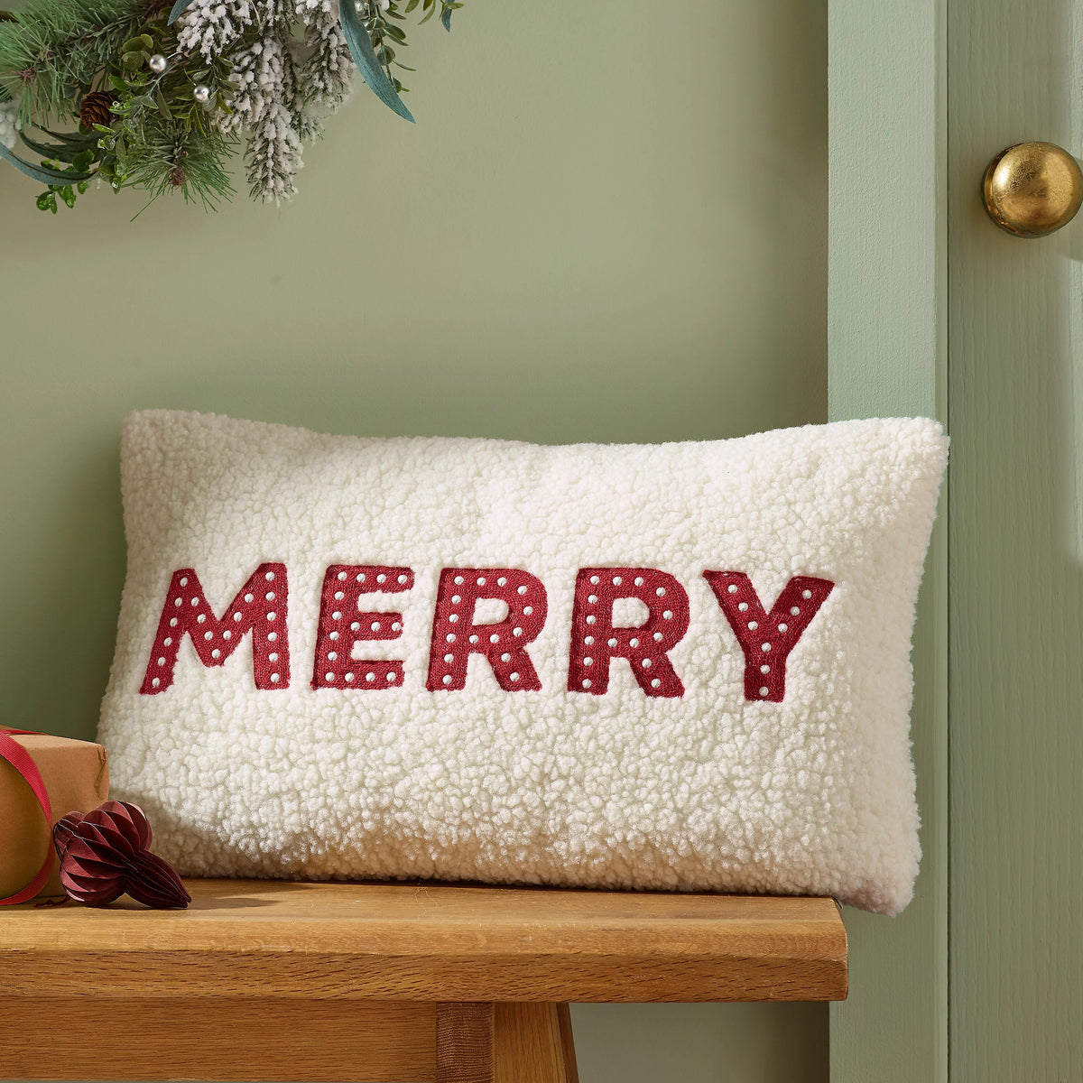 Catherine Lansfield Merry Boucle White Red Cushion 30x50cm