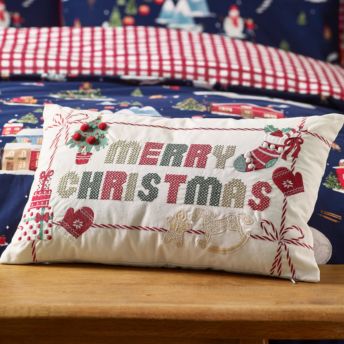 Catherine Lansfield Merry Christmas Cross Stitch 30x50cm Cushion Natural