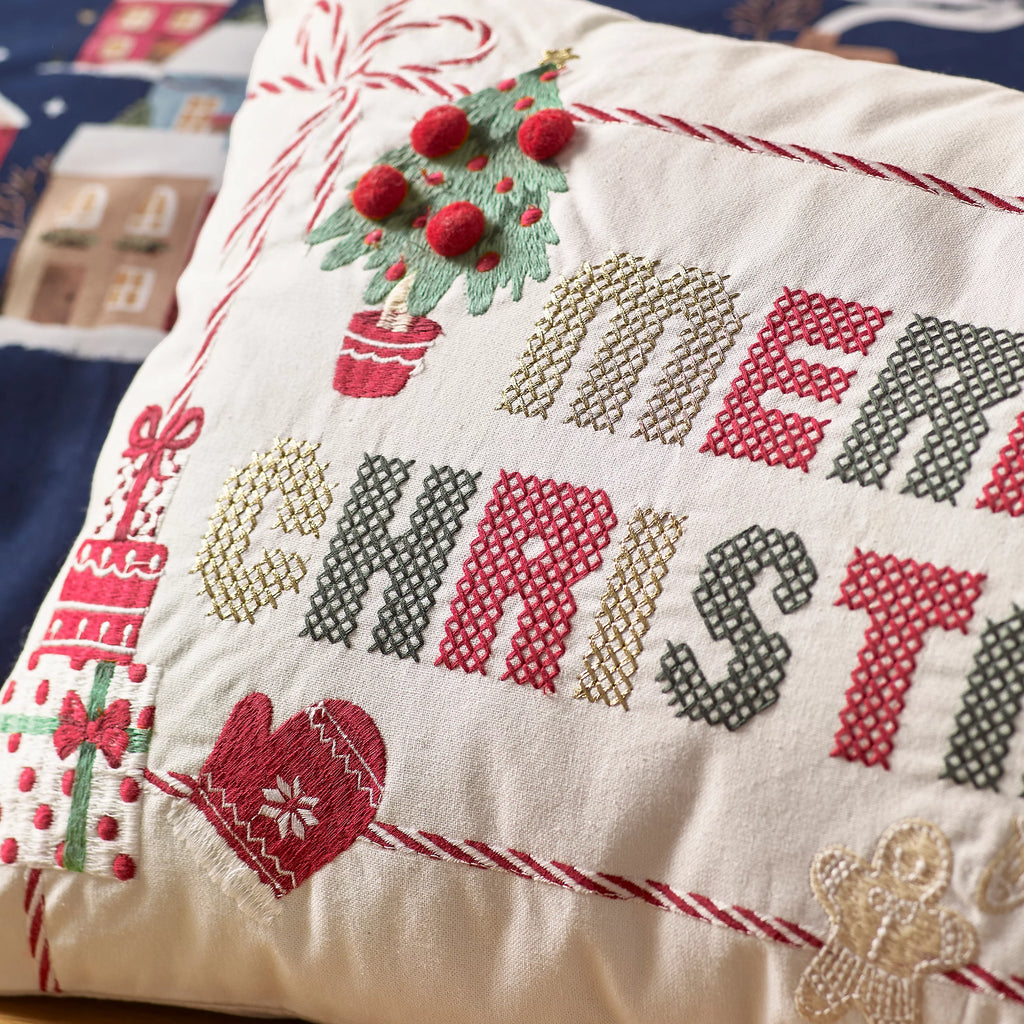 Catherine Lansfield Merry Christmas Cross Stitch 30x50cm Cushion Natural