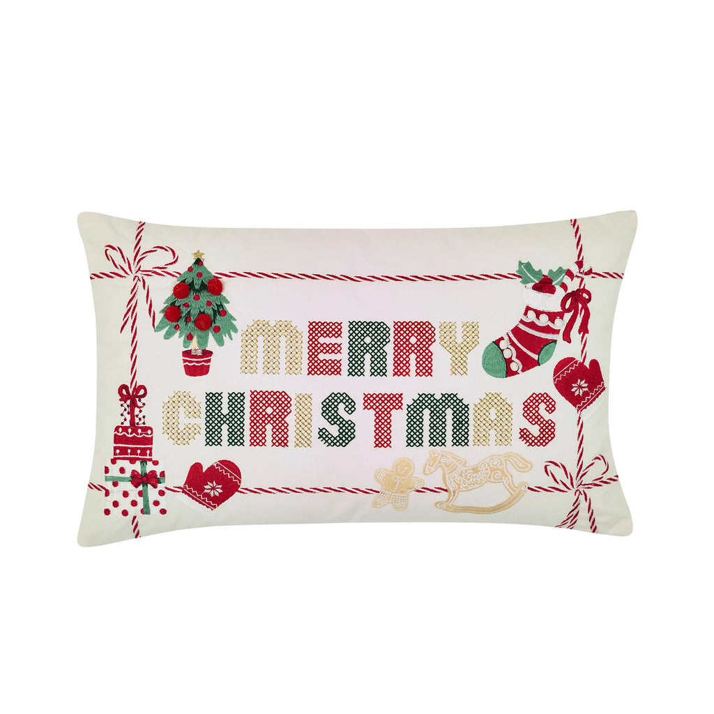 Catherine Lansfield Merry Christmas Cross Stitch 30x50cm Cushion Natural