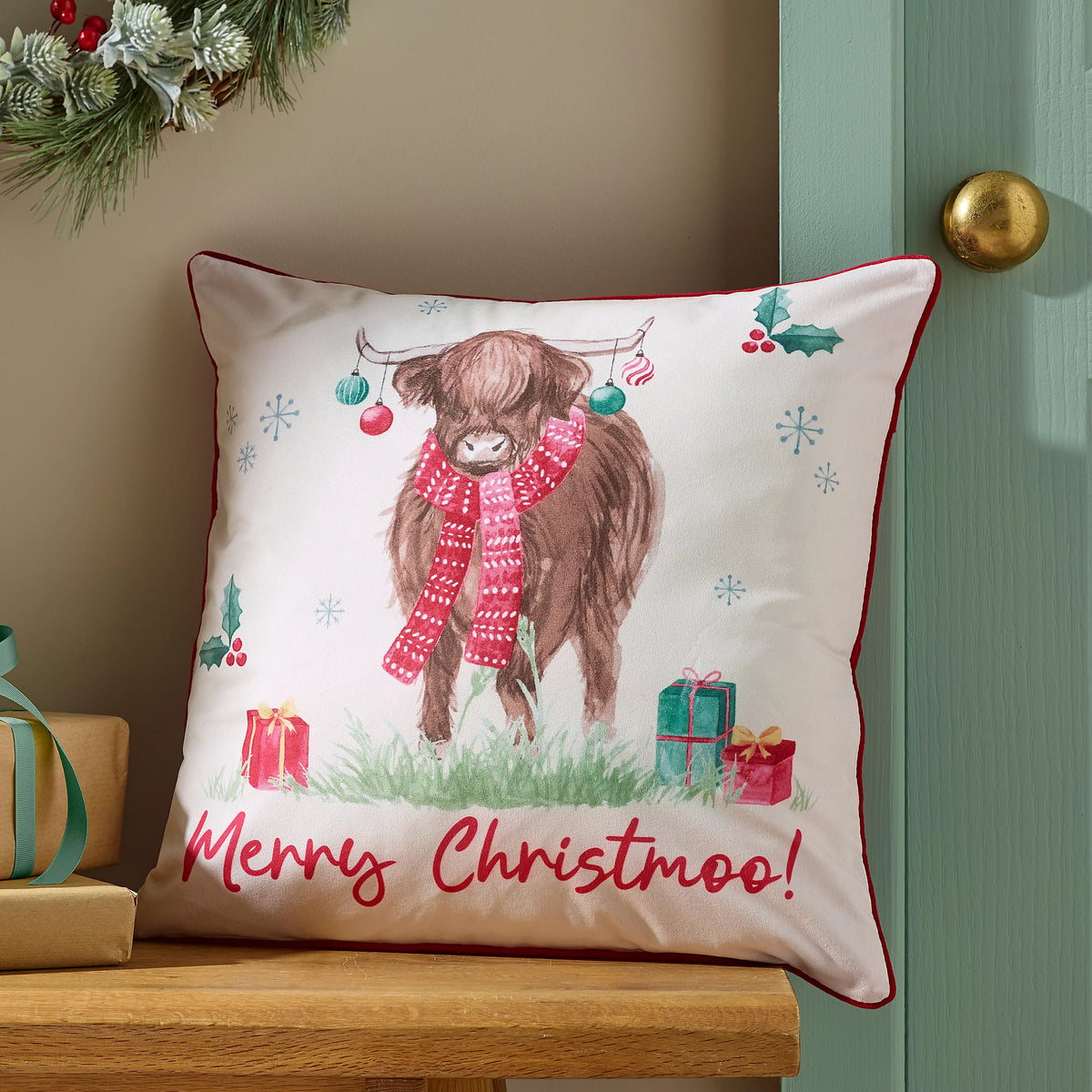 Catherine Lansfield Merry Christmoo Soft Touch 45x45cm Cushion Natural