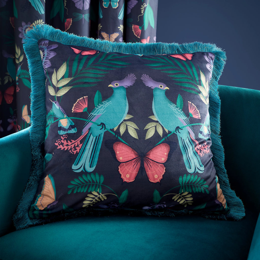 Catherine Lansfield Mya Fringe 45x45cm Soft Touch Velvet Cushion Navy Blue