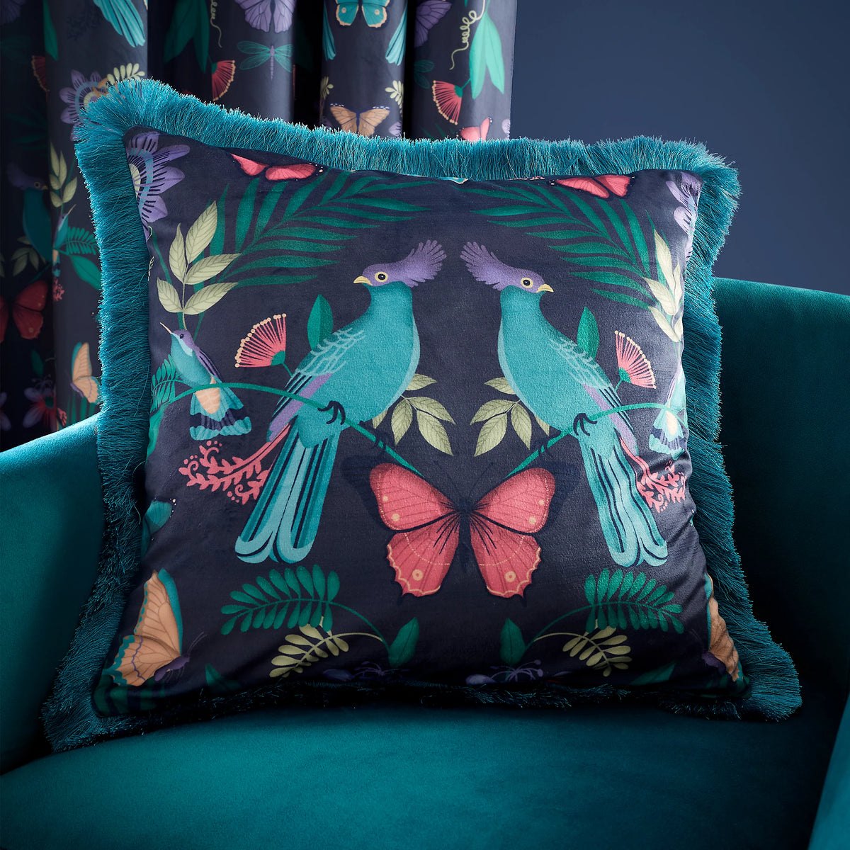 Catherine Lansfield Mya Fringe 45x45cm Soft Touch Velvet Cushion Navy Blue