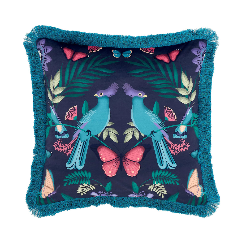 Catherine Lansfield Mya Fringe 45x45cm Soft Touch Velvet Cushion Navy Blue