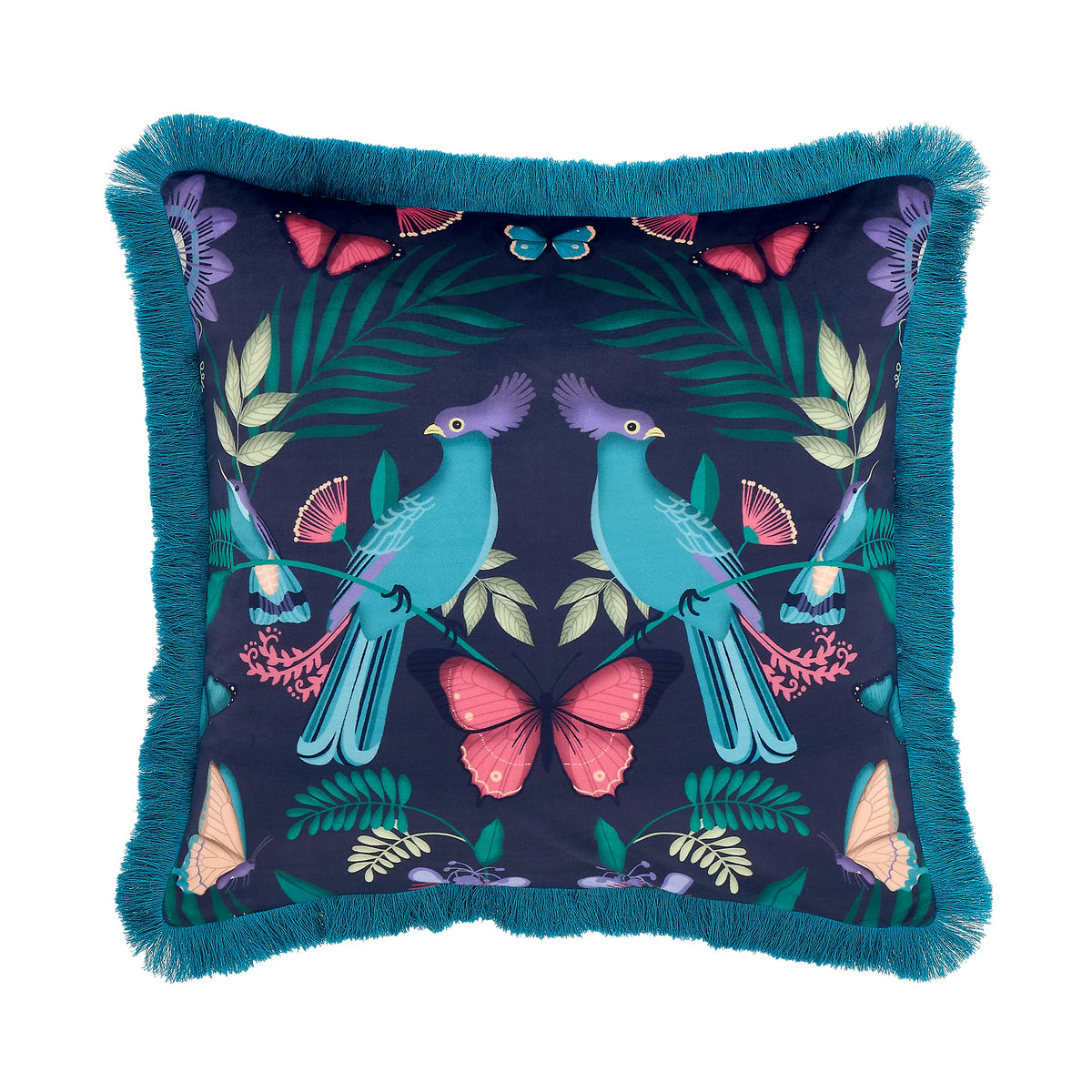 Catherine Lansfield Mya Fringe 45x45cm Soft Touch Velvet Cushion Navy Blue