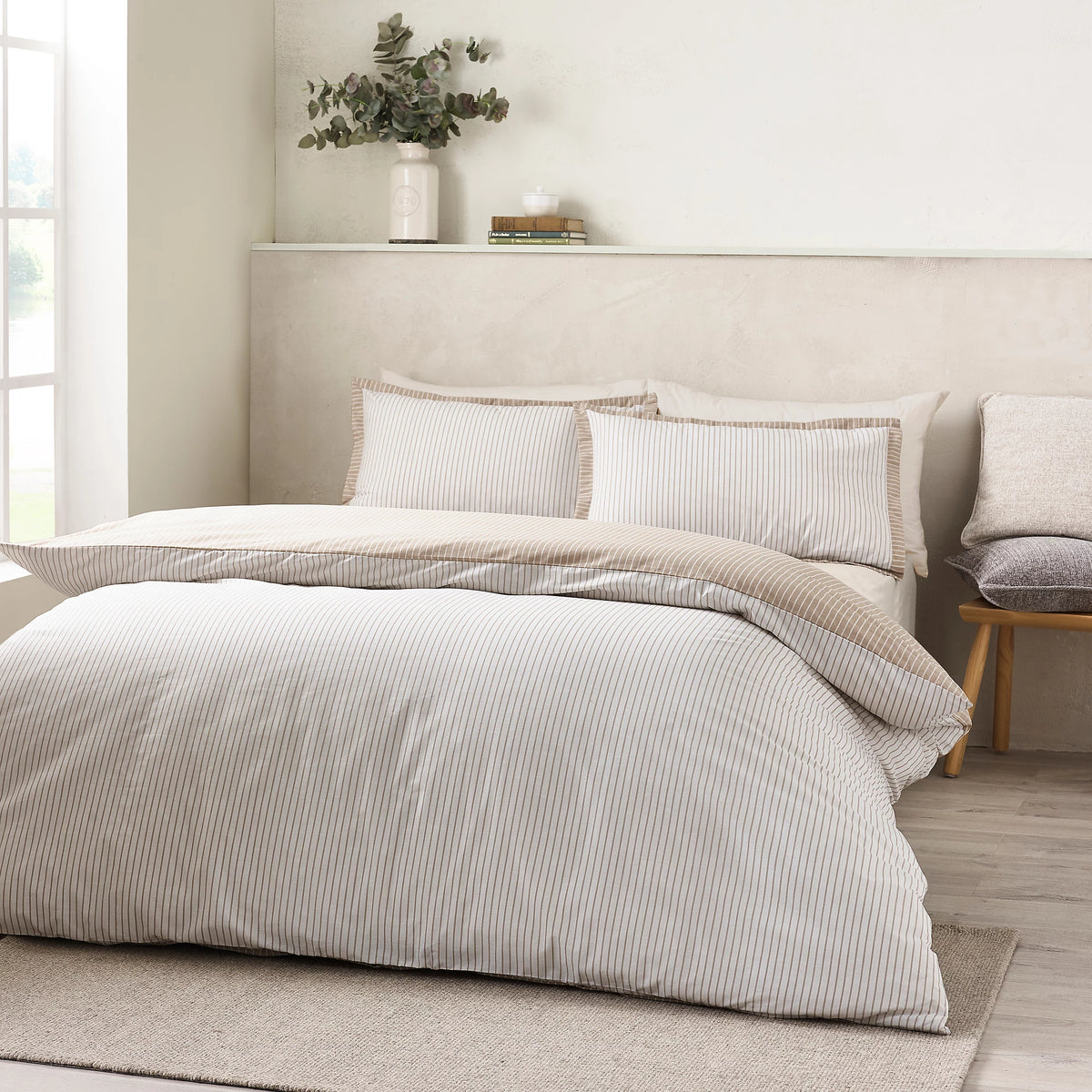 Catherine Lansfield Natural Oxford Pinstripe Reversible Duvet Cover Set