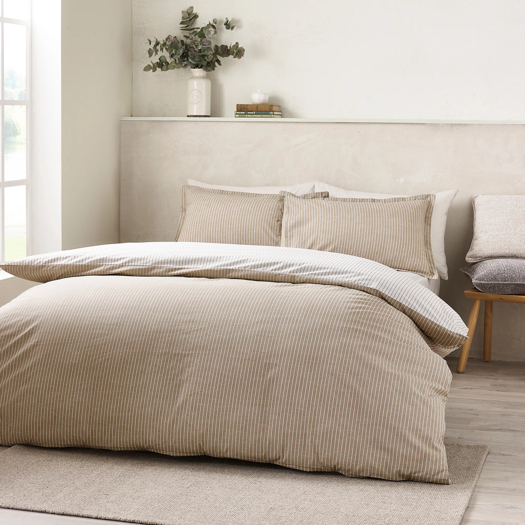 Catherine Lansfield Natural Oxford Pinstripe Reversible Duvet Cover Set