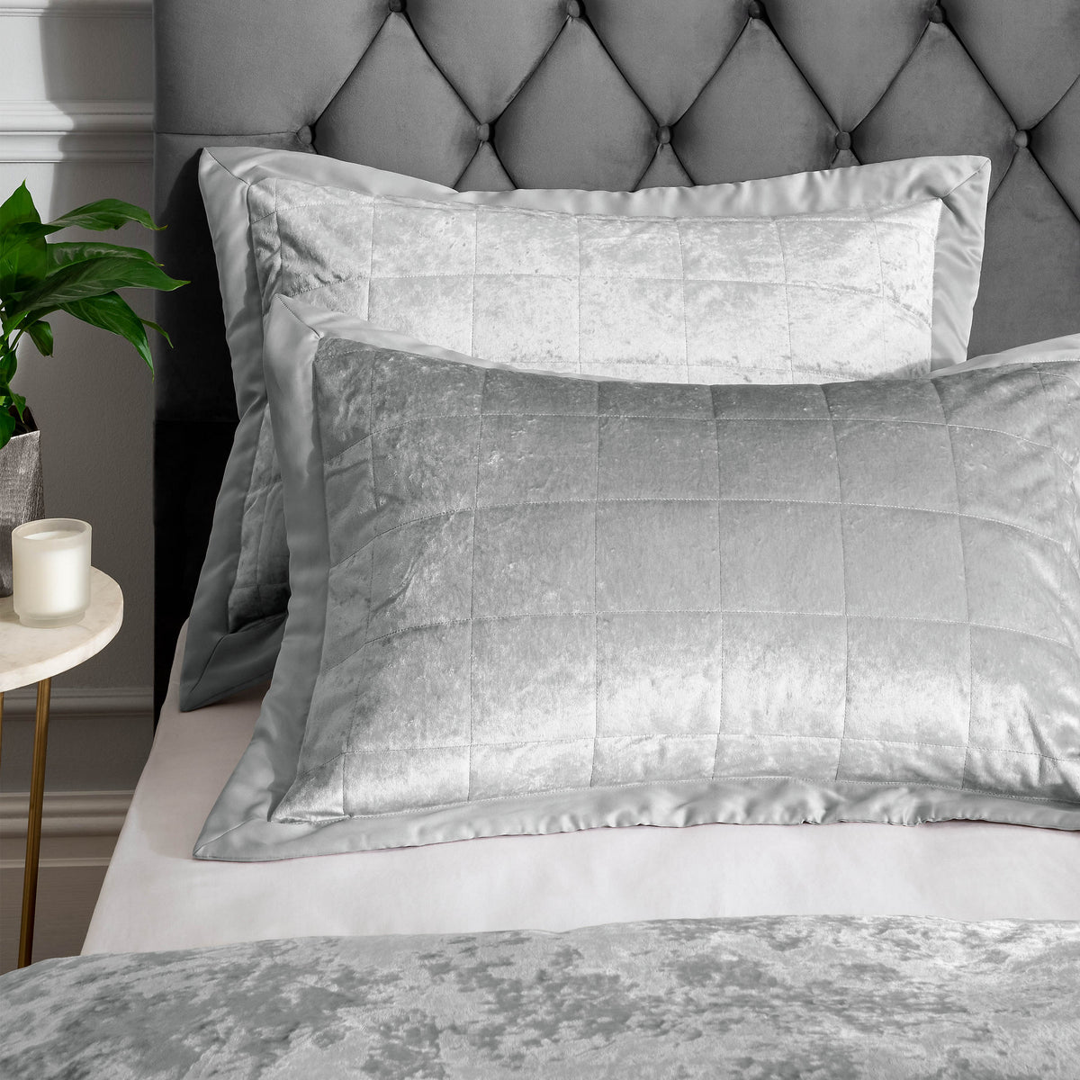 Catherine Lansfield Crushed Velvet Quilted Pillowcases Silver Grey – Pair